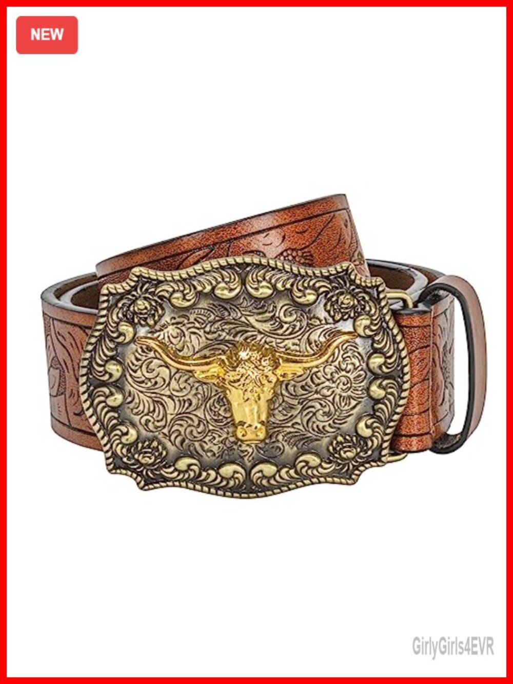 Western Leather Belt Longhorn Bull Head Buckle Floral Engraved